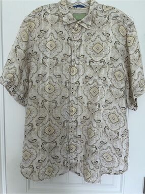 Tommy Bahama Short Sleeve Button-Down Shirt in Beige Paisley 100% Linen